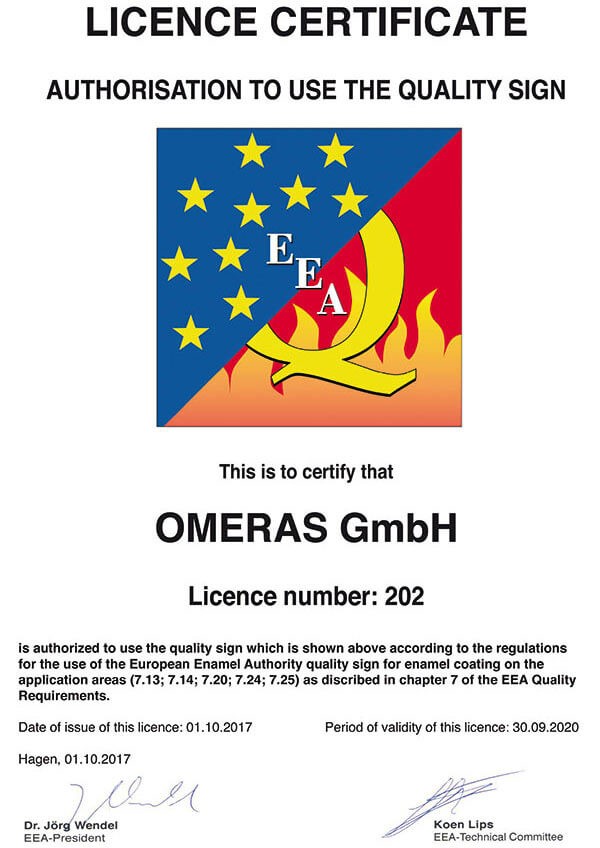 Die European Enamel Association (EEA) prüft den Emaillierungsprozess nach EEA 7.20/ 7.24/ 7.25, welche dem Europäischen Standard DIN EN ISO 28765 entsprechen. Unsere Lizenznummer: 202